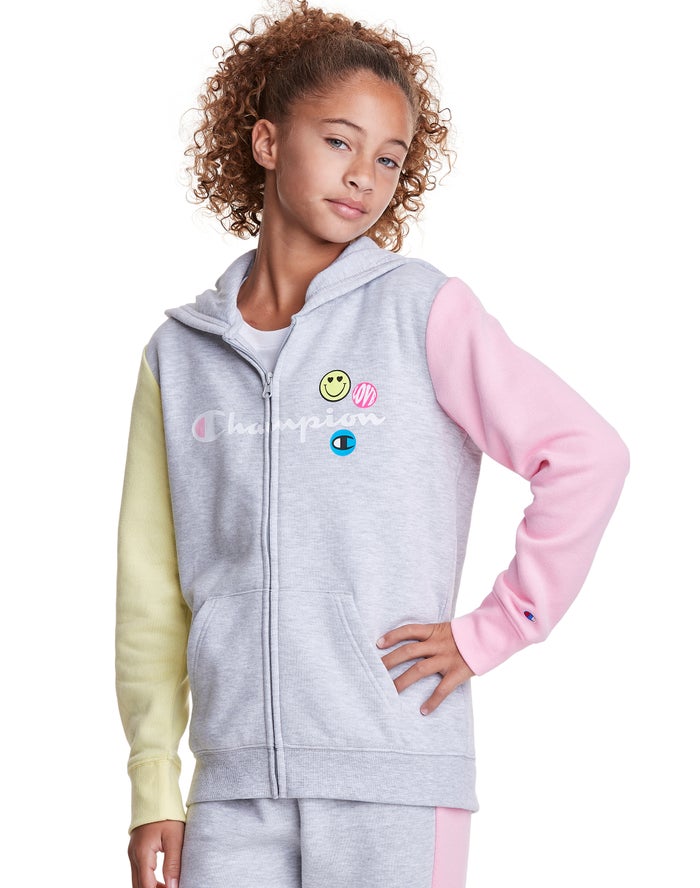 Sudadera Con Capucha Champion Niña - Colorblock Fleece Full Zip Smiley Face ( Gris/Azules/Rosas ) 59